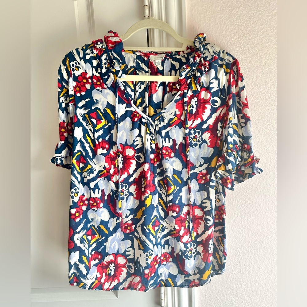 Anthropologie Navy Floral Tie-Neck Blouse with Red, White & Yellow Accents